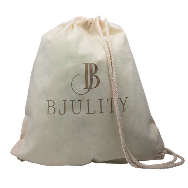 Beiger Stoffbeutelrücksack mit goldenem BJULITY Logo