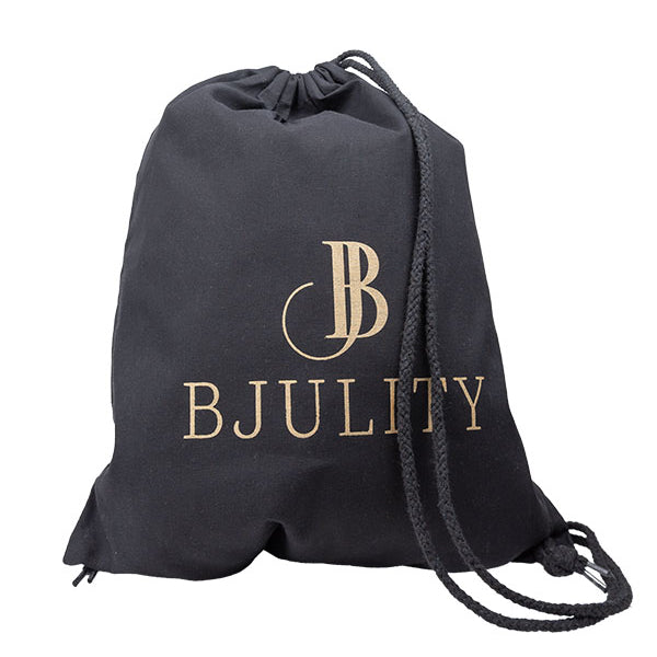 Schwarzer Stoffbeutelrücksack mit goldenem BJULITY Logo