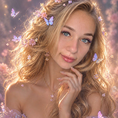 Fantasi-Beauty-Bild einer blonden Frau mit Schmetterlingen