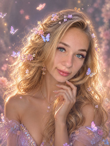 Fantasi-Beauty-Bild einer blonden Frau mit Schmetterlingen