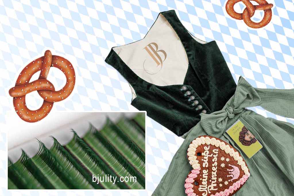 Grünes Dirndl mit Farbwimpern fürs Oktoberfest