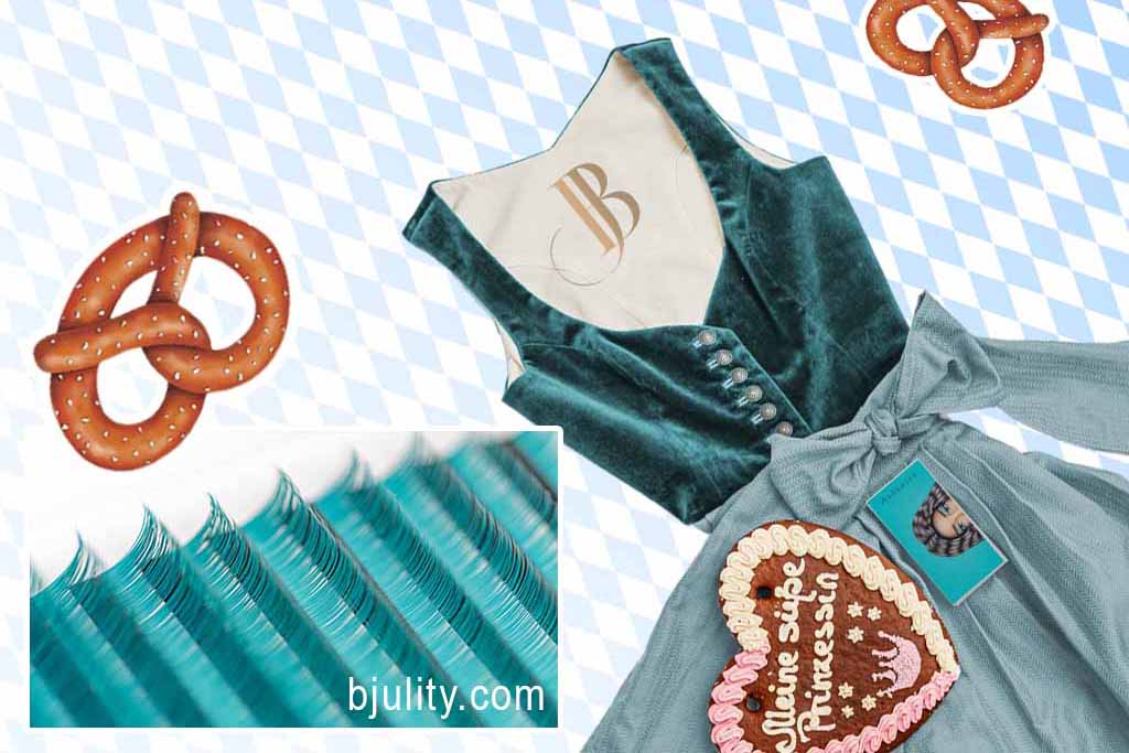 Türkisfarbenes Dirndl mit Farbwimpern für den Wiesnlook
